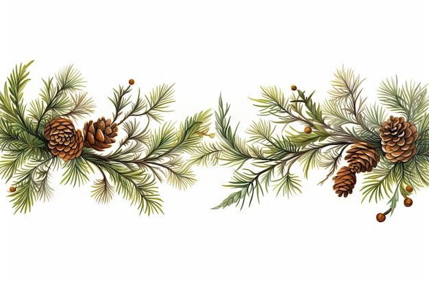 Pine garland border plant tree white background