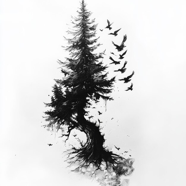 Photo pine tree in black and white with flying birds on white background