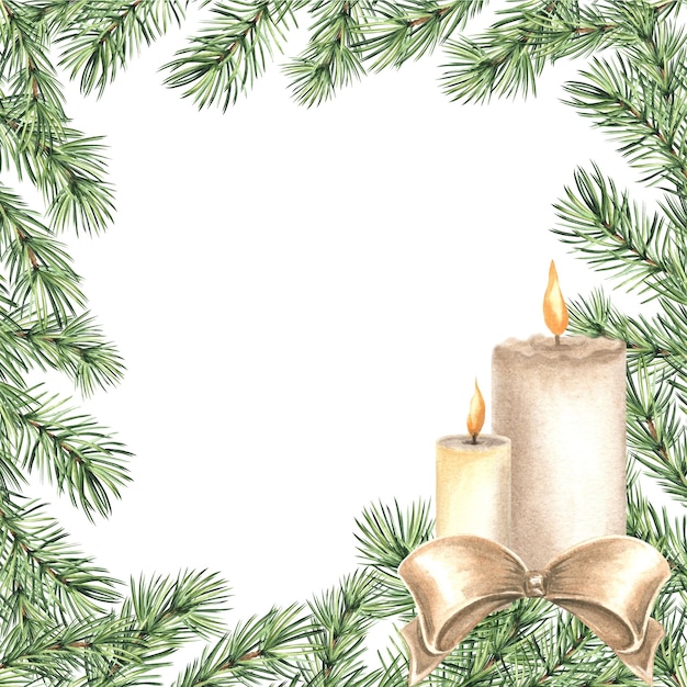 Pine tree branch with candles christmas frame vintage fir twig with green needles hand drawn