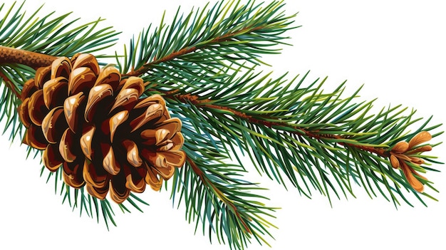 A pine tree branch with a pine cone on it