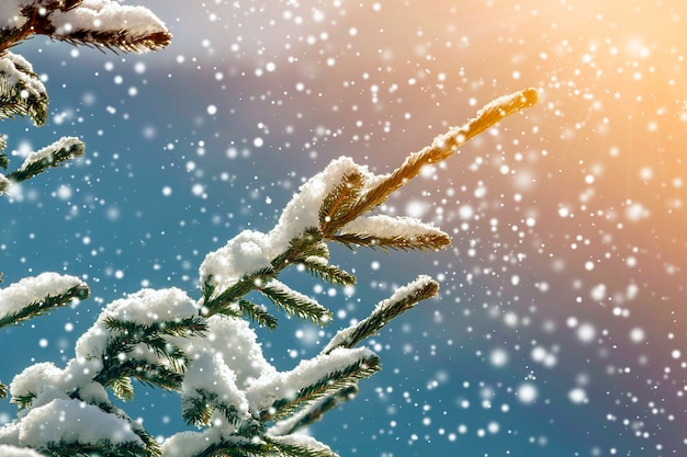 Pine tree branches with green needles covered with deep fresh clean snow on blurred blue outdoors copy space background. Merry Christmas and Happy New Year greeting postcard. Soft light effect.