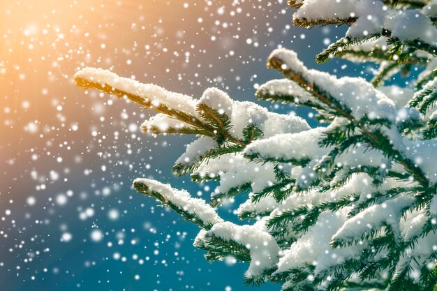 Pine tree branches with green needles covered with deep fresh clean snow on blurred blue outdoors copy space background. Merry Christmas and Happy New Year greeting postcard. Soft light effect.