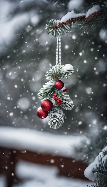 a pine tree covered in a blanket of freshly fallen snow with delicate Christmas decorations adornin