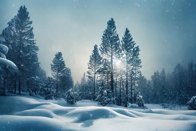 Pine tree forest covered by snow winter natural landscape