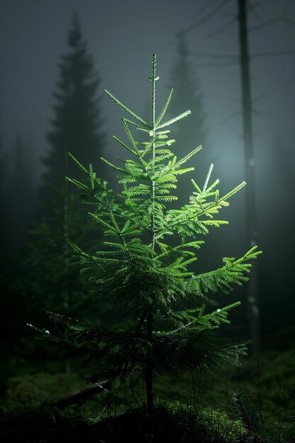 Photo a pine tree in the forest with a foggy background