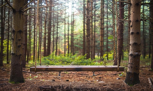 Photo pine tree forest with a wooden swing playful setting