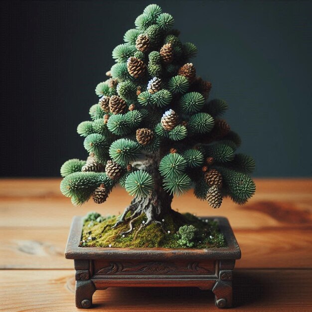 a pine tree is on a wooden table with a small box with the word pine on it