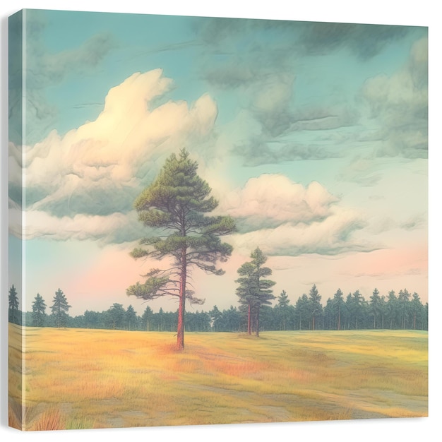 Pine Tree Landscape with Sky Cloud and Field