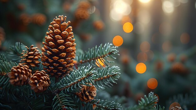 a pine tree with a pine cone on it and the lights on the right