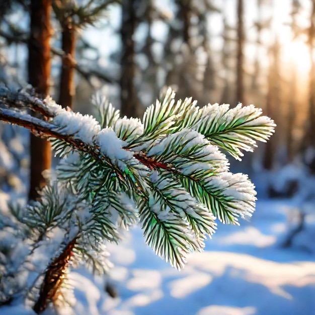 a pine tree with snow on it and the sun behind it