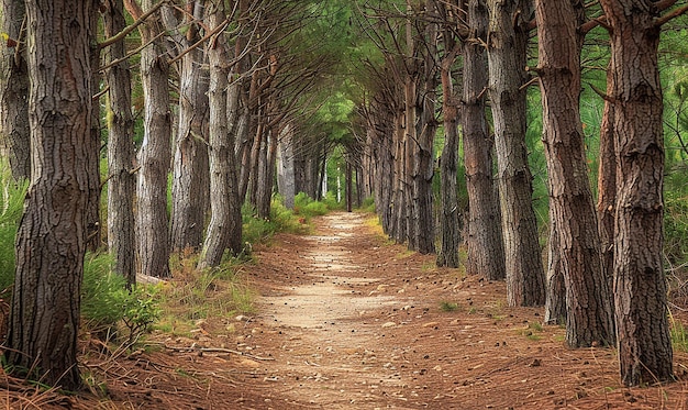 Photo pine treelined path in forest trail