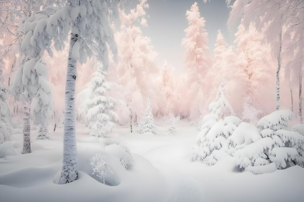 Pine trees covered with snow on frosty evening Beautiful winter panorama Neural network AI generated