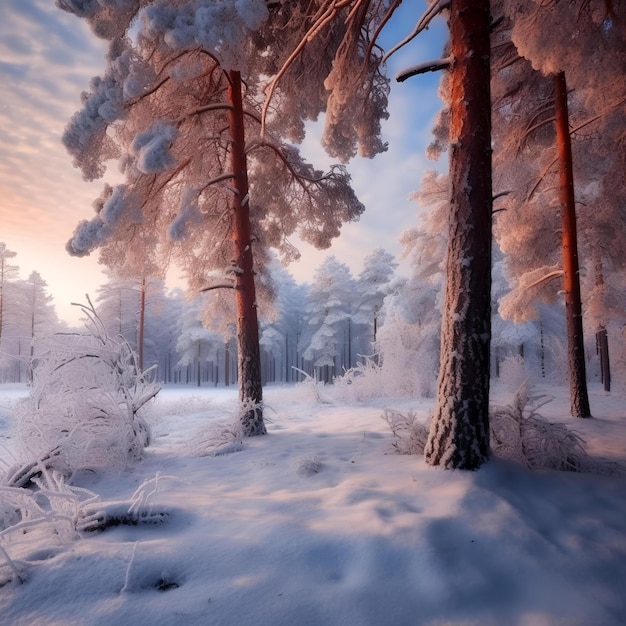 Pine Trees Covered with Snow on Frosty Evening