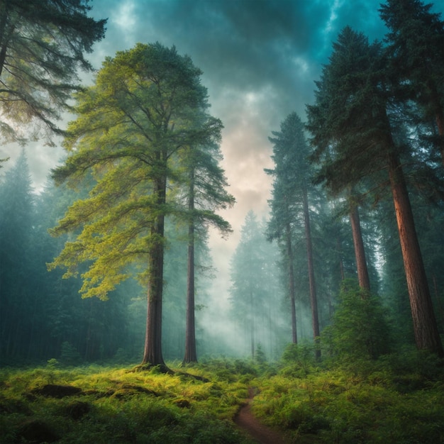 Pine trees in the misty forest dramatic scene