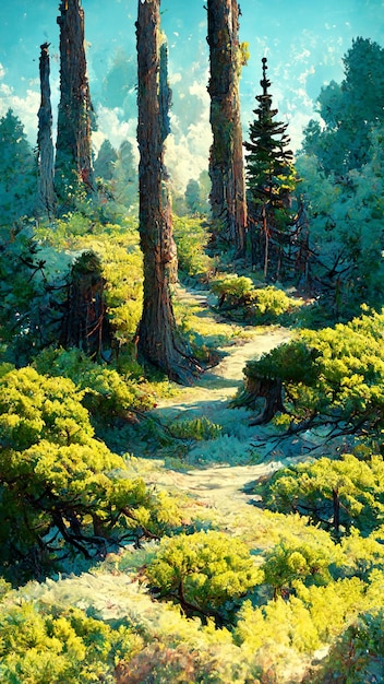 Pine trees in sunny forest Gediminas Pranckevicius Trending on 3D illustration