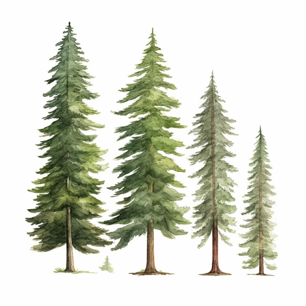 Pine trees Watercolor hand drawn illustration isolated on white background