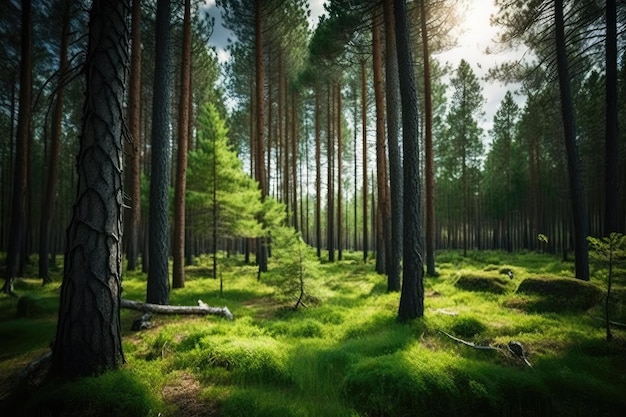 Pine trees in a woodland in the spring Generative AI