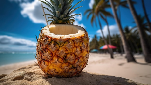 A pineapple on a beach with a blue sky in the background