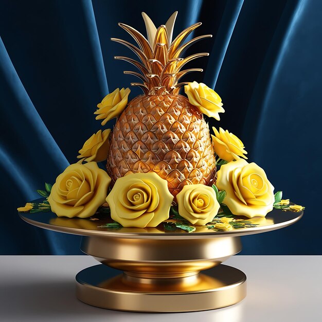 a pineapple cake with flowers on a gold plate with a pineapple on top