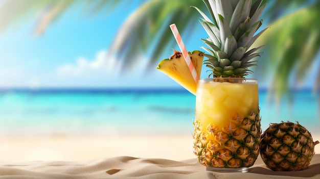 A pineapple cocktail on a beach with a straw