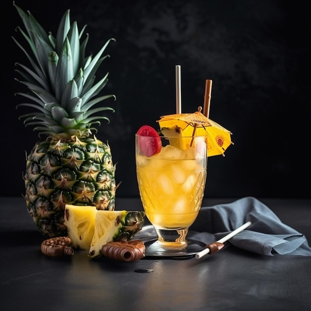 A pineapple cocktail with a pineapple and a straw