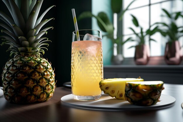 A pineapple cocktail with a straw is on a table next to a window.