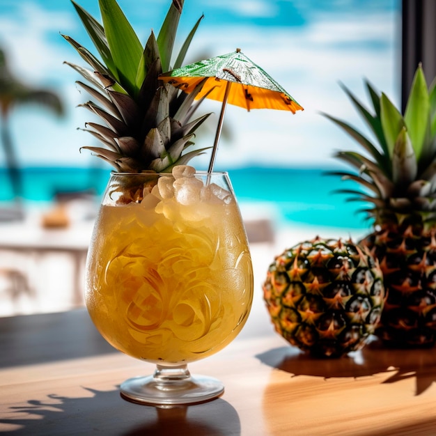 A pineapple cocktail with a yellow umbrella is sitting on a bar.