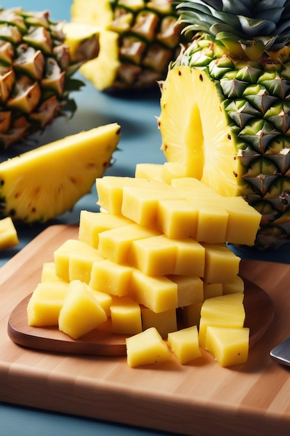 A pineapple cut crosswise into equal and flowing pieces on a white background