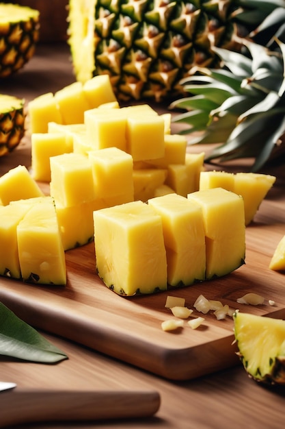 A pineapple cut crosswise into equal and flowing pieces on a white background