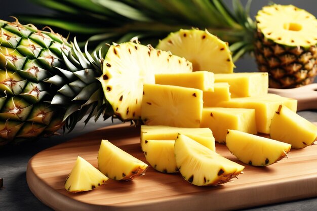 A pineapple cut crosswise into equal and flowing pieces on a white background