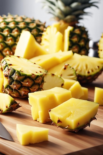 A pineapple cut crosswise into equal and flowing pieces on a white background