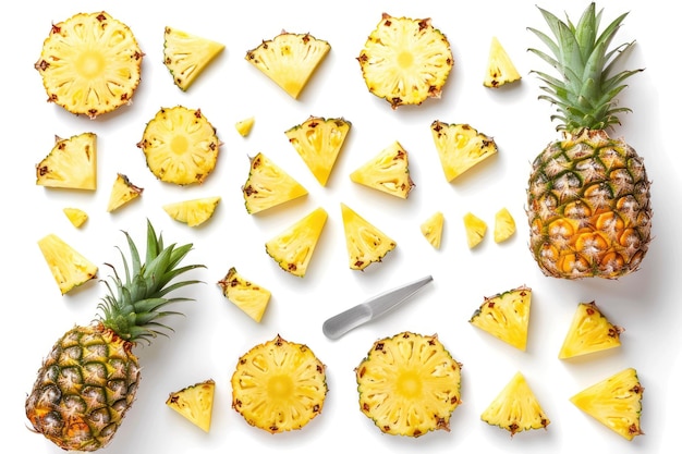 Pineapple cut into slices and pieces isolated on a white background