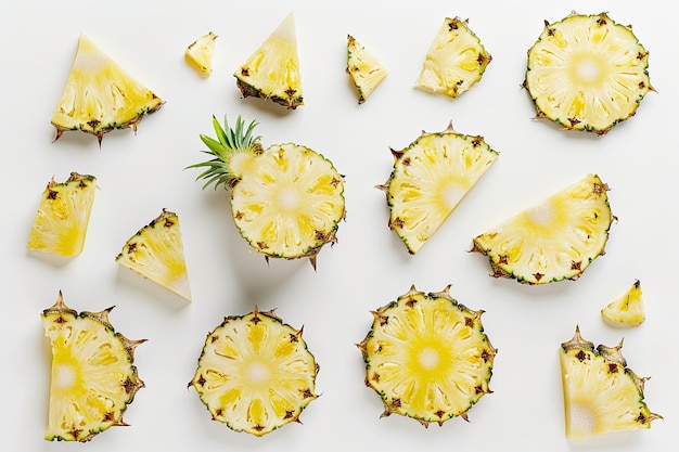 Photo pineapple cut into slices and pieces isolated on a white background