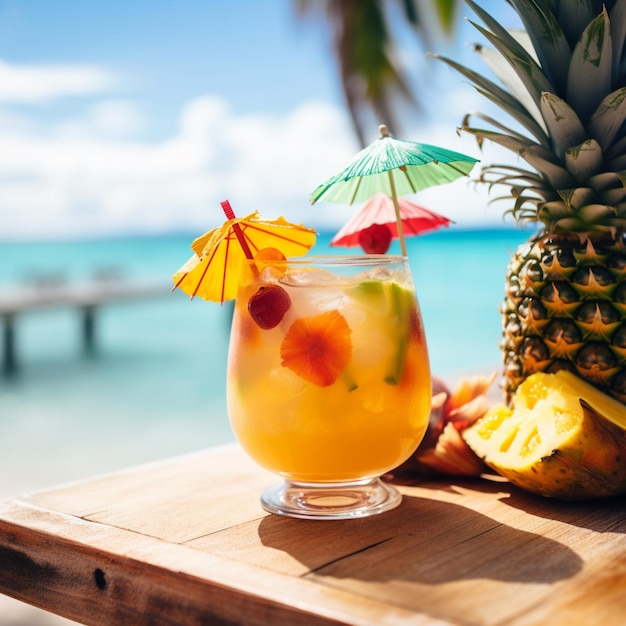 A pineapple and a drink with a straw and a straw umbrella