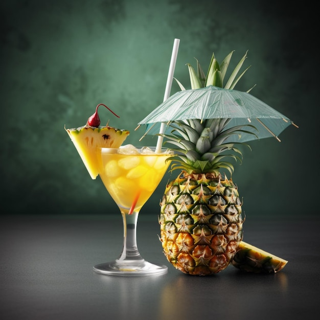 A pineapple and a drink with a straw and a straw