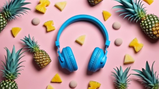 a pineapple is on a beach with a pair of headphones