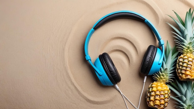 a pineapple is on a beach with a pair of headphones