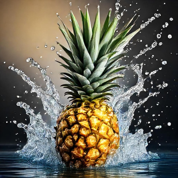 a pineapple is being splashed with water and the word pineapple is falling into the water