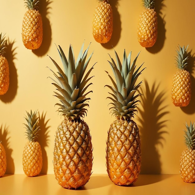 a pineapple is sitting on a pink table with a shadow of a palm tree