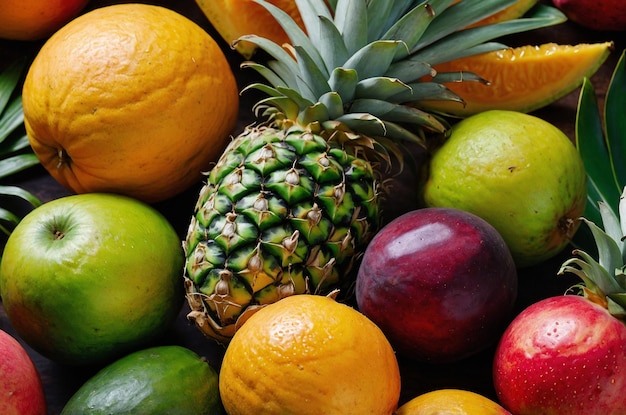 a pineapple is surrounded by various fruits including pineapples oranges and other fruits