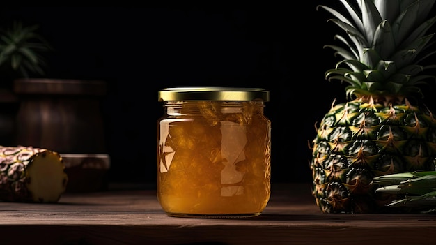 A pineapple and a jar of honey sit on a table.