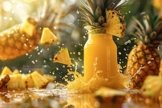 pineapple juice bottle with farm background