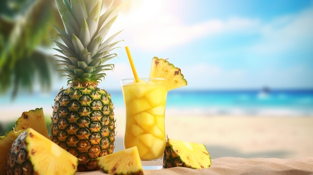 Pineapple juice and a glass of pineapple juice on a beach