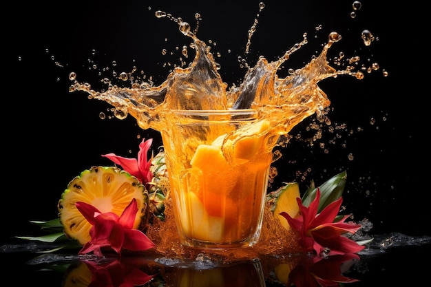 Photo pineapple juice splash with fruit garnish