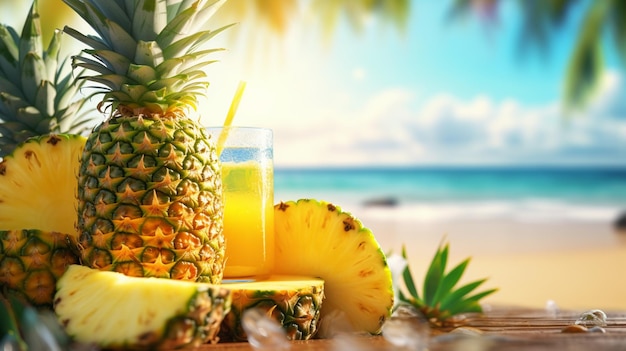 Pineapple juice on a wooden table with a beach in the background