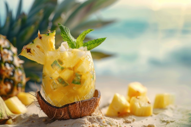 Photo pineapple mojito with pineapple chunks and mint served in a coconut shell beach background copyspace