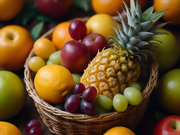 Pineapple oranges lemons grapes and a variety of other fruits in a fruit basket