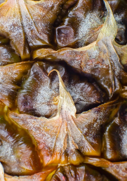 Pineapple peel texture background. Exotic fruit close up photo, macro view. Beautiful wallpaper.