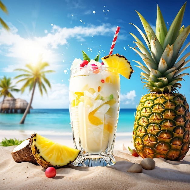 a pineapple and pineapple on a beach with palm trees in the background