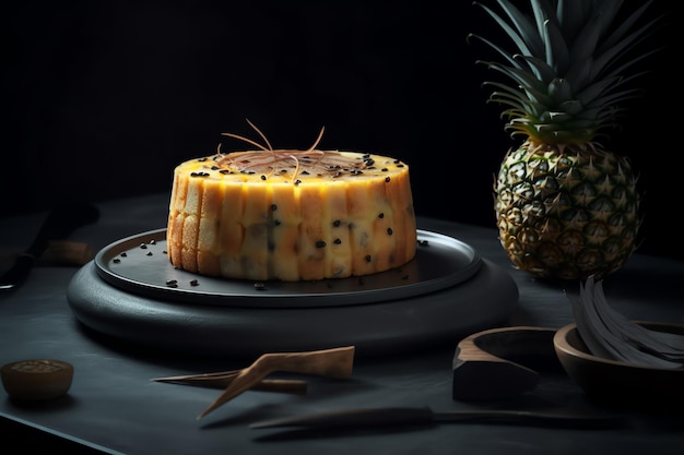 A pineapple and pineapple dessert is displayed on a black table.